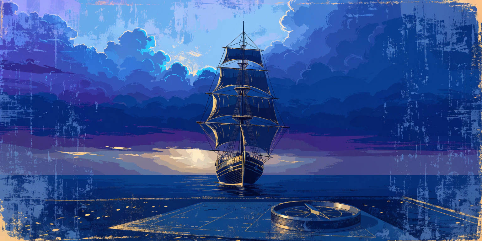 after-website-launch-what-to-do-next A ronin standing on the deck of a completed golden-trimmed ship looking at the open ocean ahead - representing what comes after a website launch