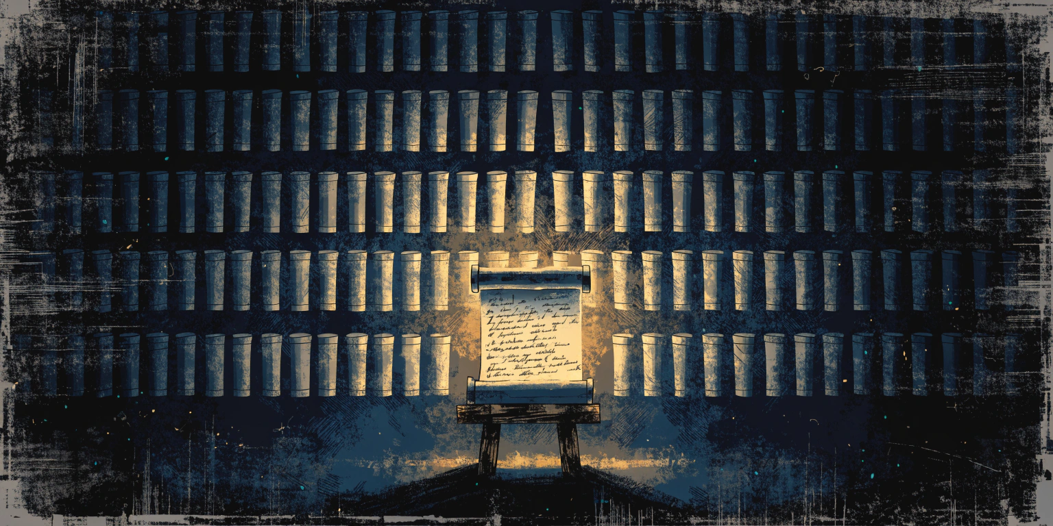 One handwritten golden scroll glowing brighter than a vast wall of identical pale scrolls - real experience among machine-made imitation One handwritten golden scroll glowing brighter than a vast wall of identical pale scrolls - real experience among machine-made imitation