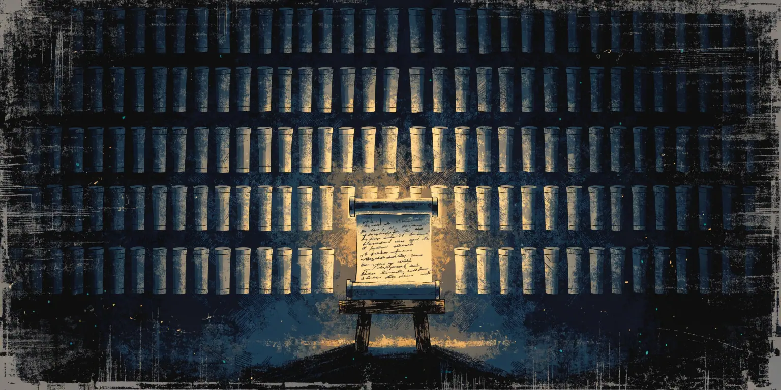 One handwritten golden scroll glowing brighter than a vast wall of identical pale scrolls - real experience among machine-made imitation