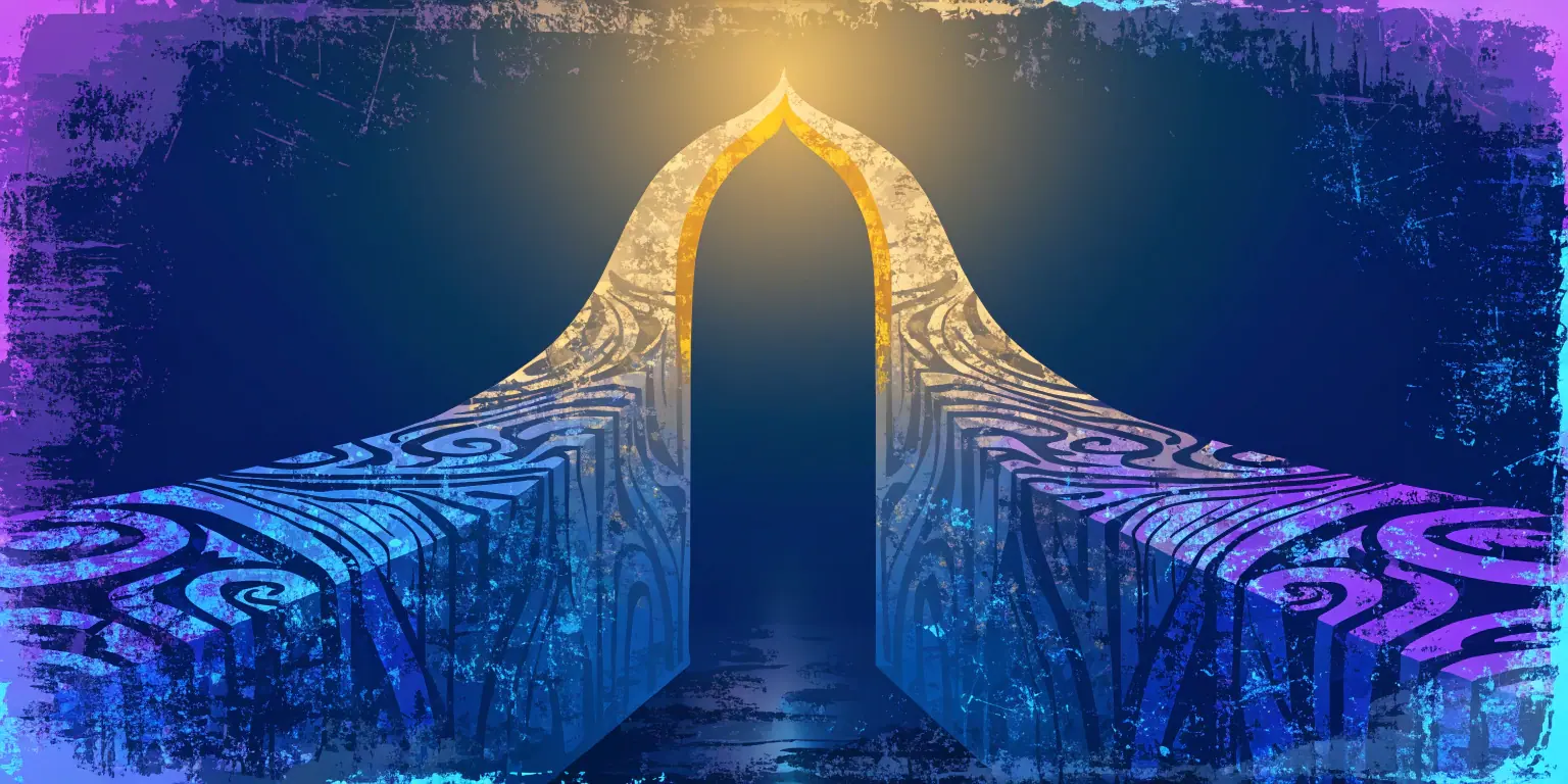 A ronin standing beneath a golden arch where two carved stone pillars merge - representing the alignment of business and values
