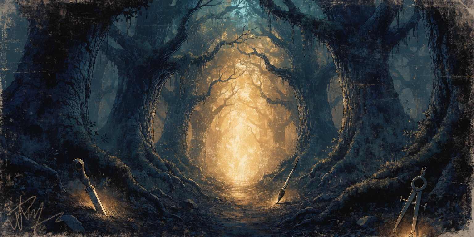 artisans-journey-freedom-business-mastery A ronin walking a dark forest path toward golden light at the far end - representing the artisan's journey to freedom