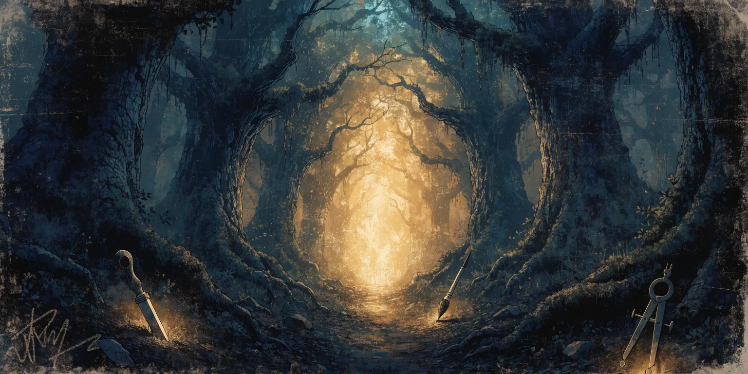 A ronin walking a dark forest path toward golden light at the far end - representing the artisan's journey to freedom
