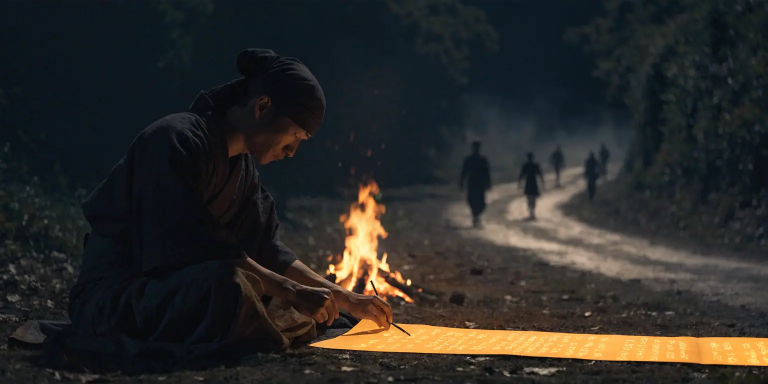 A ronin writing golden scrolls that attract travelers from a dark road into his camp - representing attracting prospects through blogging