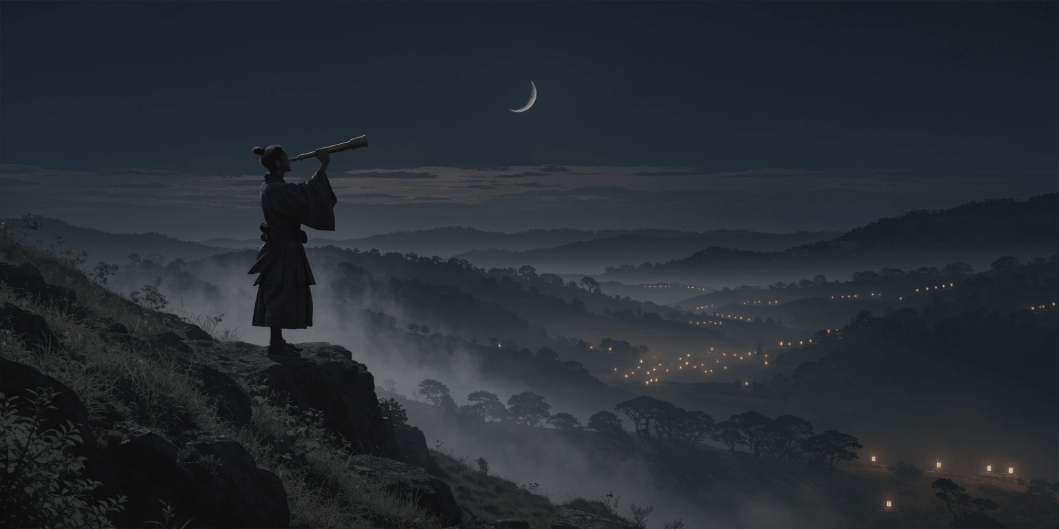 A ronin looking through a telescope at distant golden lanterns in a dark landscape - representing audience alignment for purposeful growth