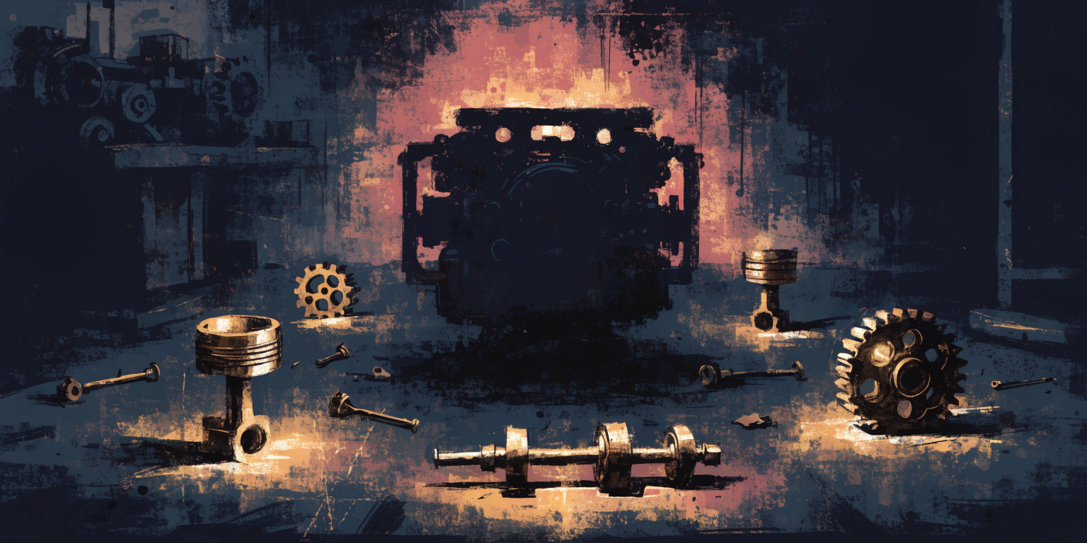 Golden engine components scattered across a dark workshop floor with an empty engine frame in shadow - marketing parts that never became an engine