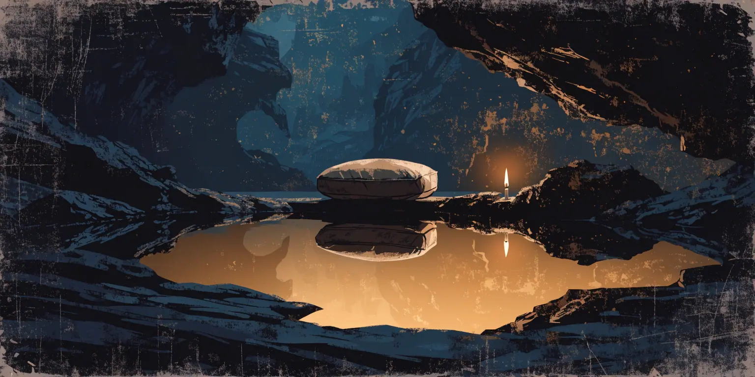 A ronin meditating beside a still golden pool in a dark cave - representing discovering peace beyond fear