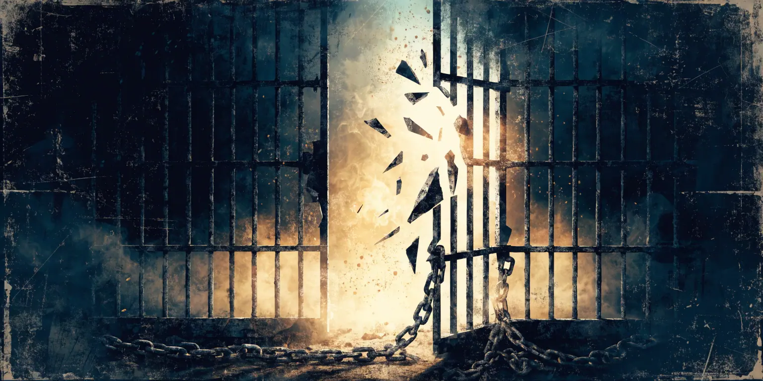 A ronin walking out of a dark cage into golden light with broken chains trailing - representing breaking free from fear