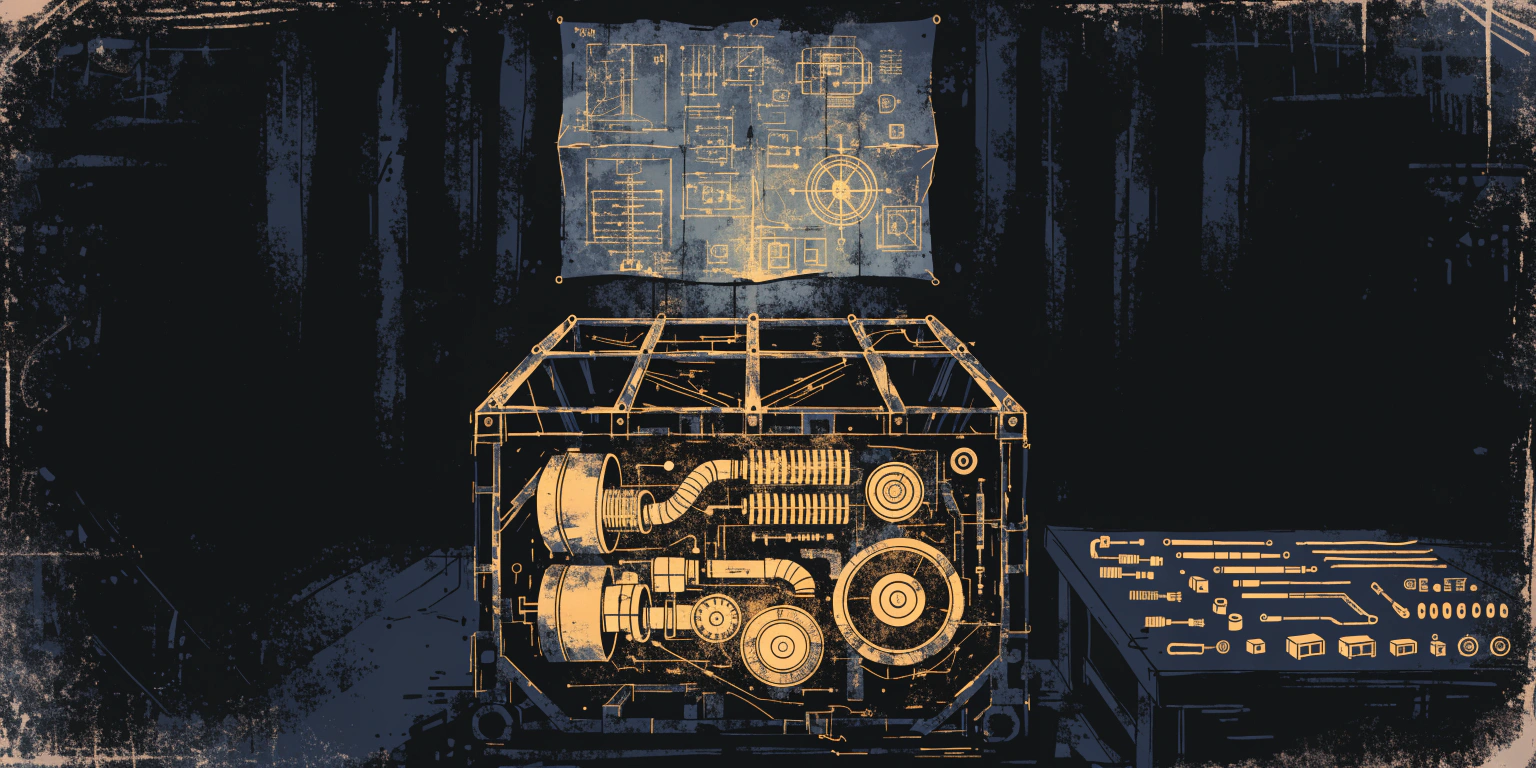 A half-assembled golden engine with glowing components connected by golden lines beside a wall blueprint - the build phase of an authority engine