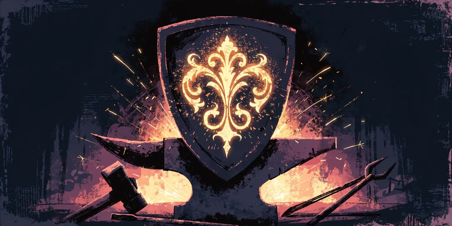 A ronin forging a golden crest for a dark shield - representing building a strong local business brand