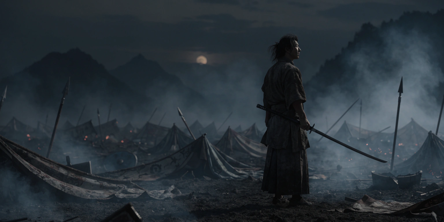 A lone ronin standing in the quiet aftermath of battle surrounded by fallen banners - representing force multipliers and leverage in business growth