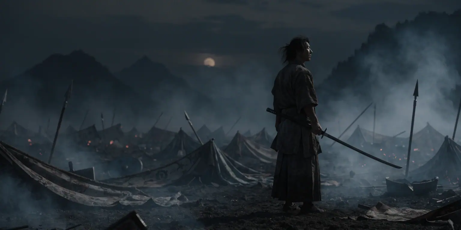 A lone ronin standing in the quiet aftermath of battle surrounded by fallen banners - representing force multipliers and leverage in business growth