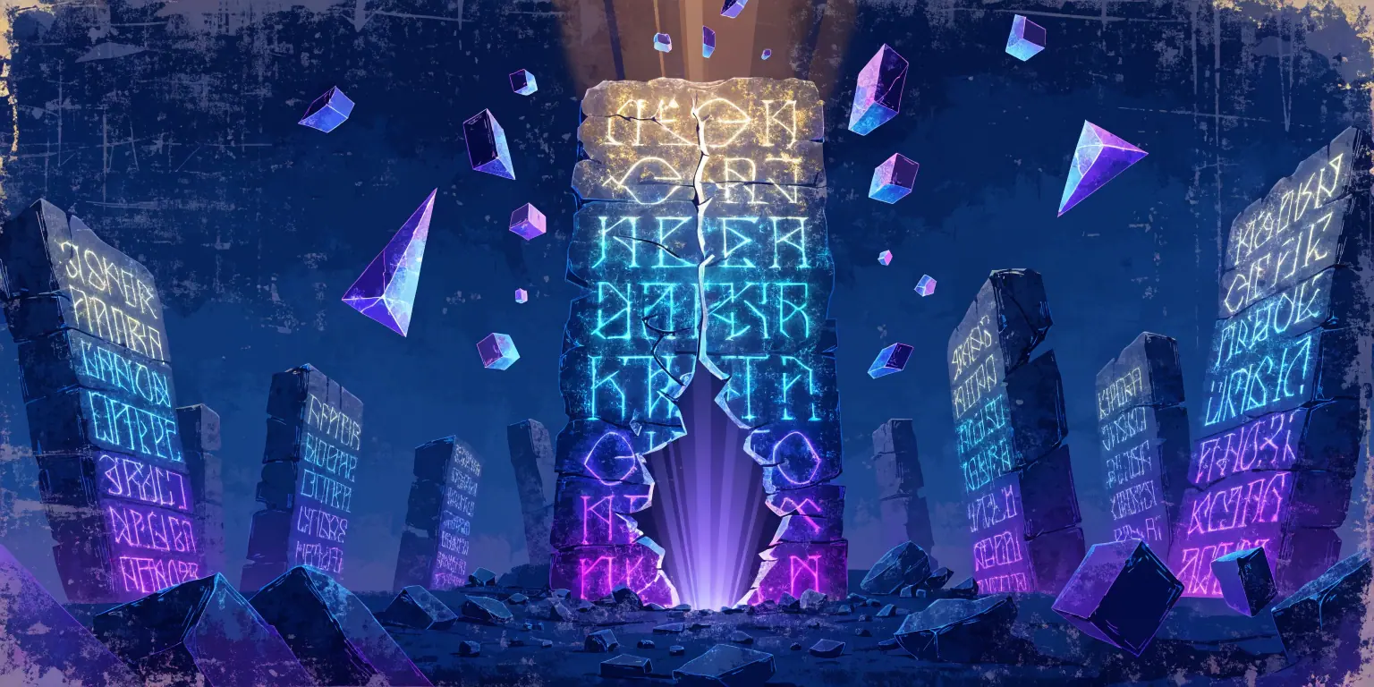 A ronin walking through a cavern of ancient carved reliefs illuminated by golden torchlight - representing the role of myth and story in business leadership