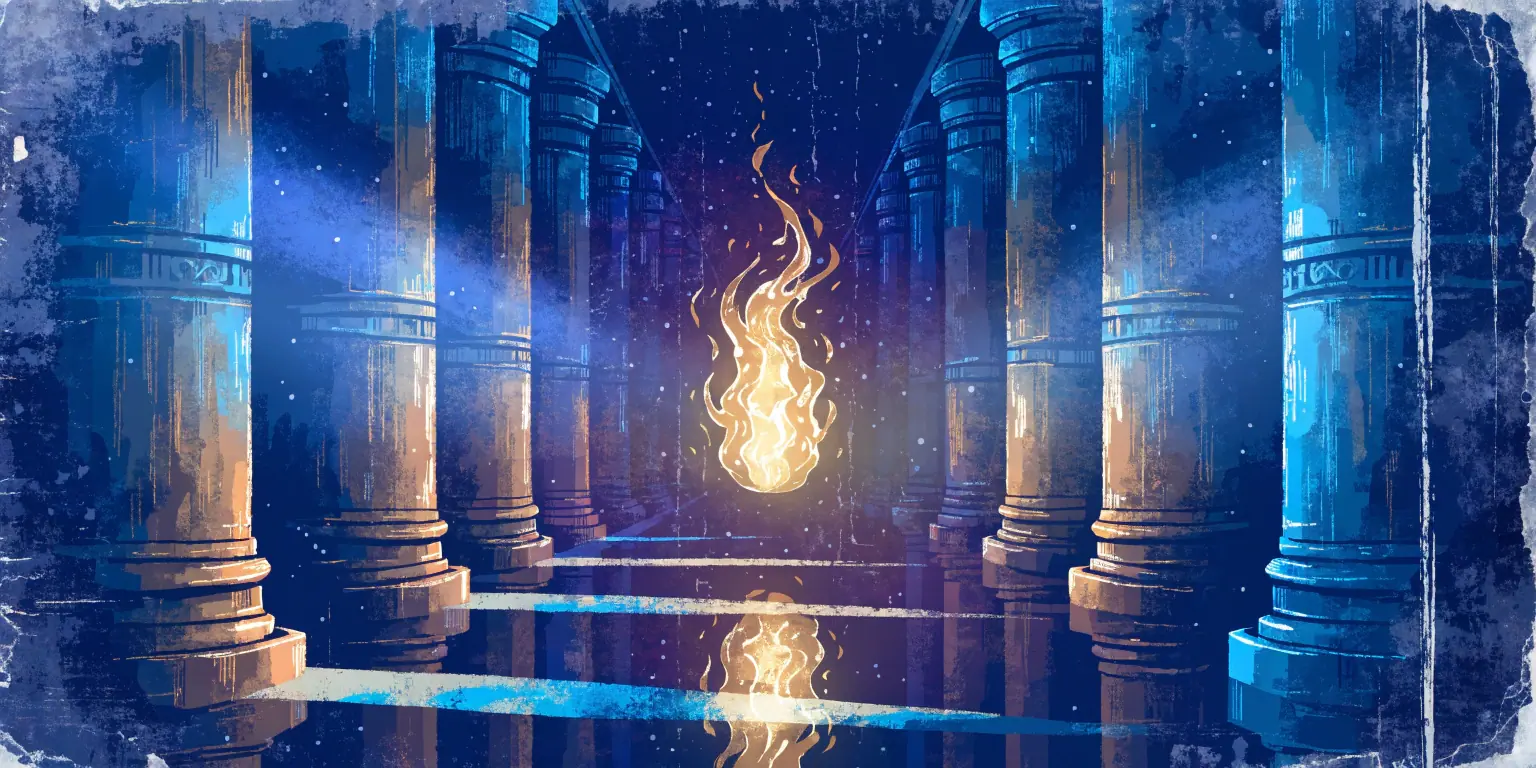 A ronin looking up at a single golden flame in a vast dark temple - representing the foundational purpose behind a business