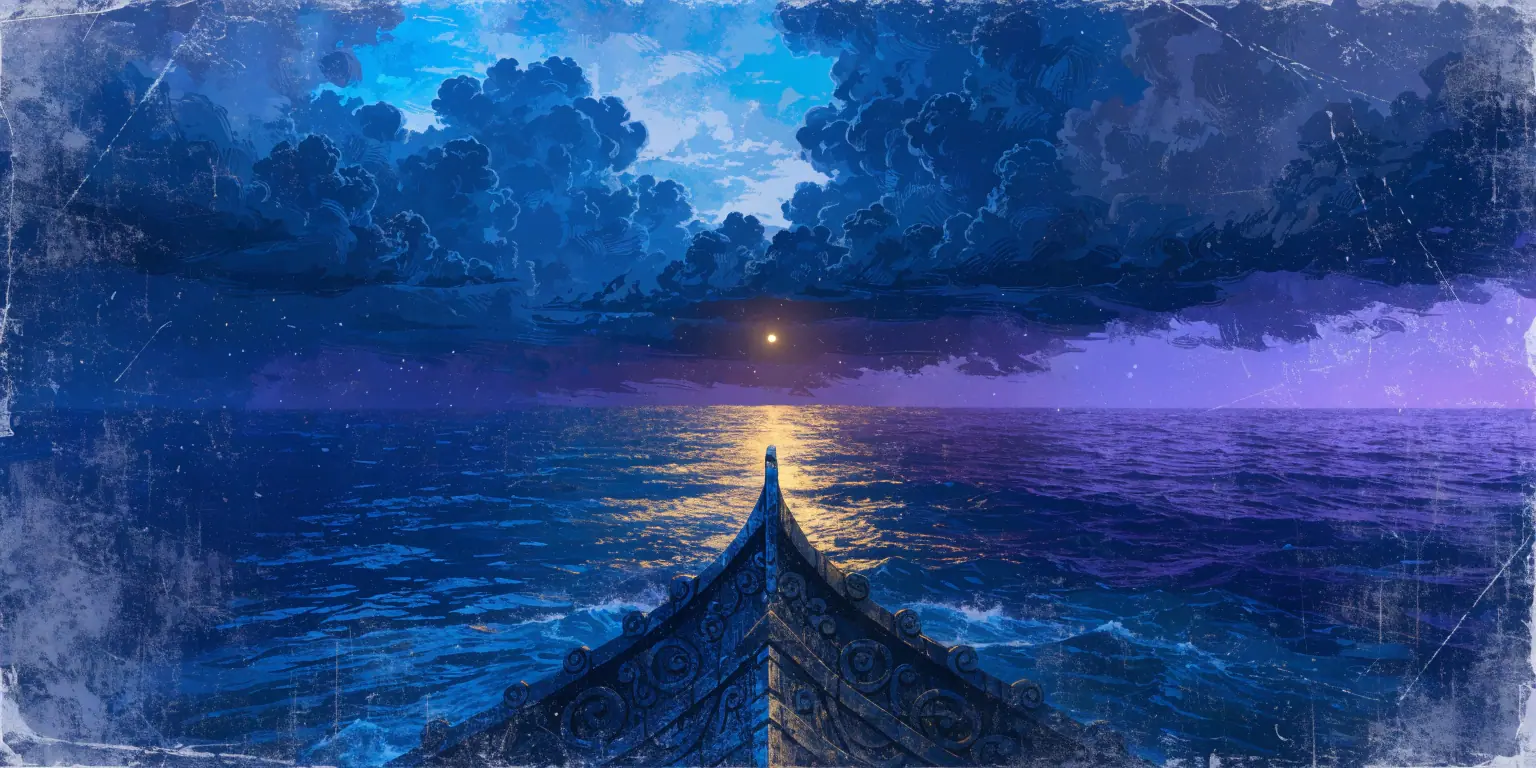 A ronin at the bow of a ship looking toward a single golden star through storm clouds - representing vision as the starting point for strategic intent