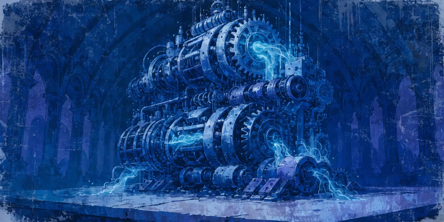 A ronin watching golden gears and mechanisms self-organize from a dark chaotic pile - representing automation bringing clarity