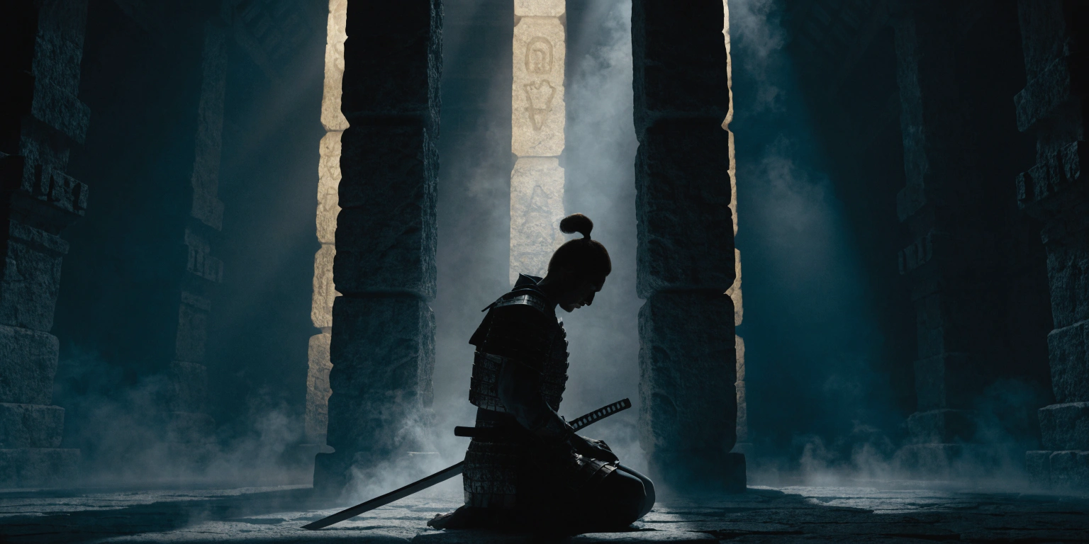 clarity-engine-three-questions-predictable-business-growth A ronin kneeling before three illuminated stone pillars in a dark temple - representing the three clarity questions that drive predictable business growth