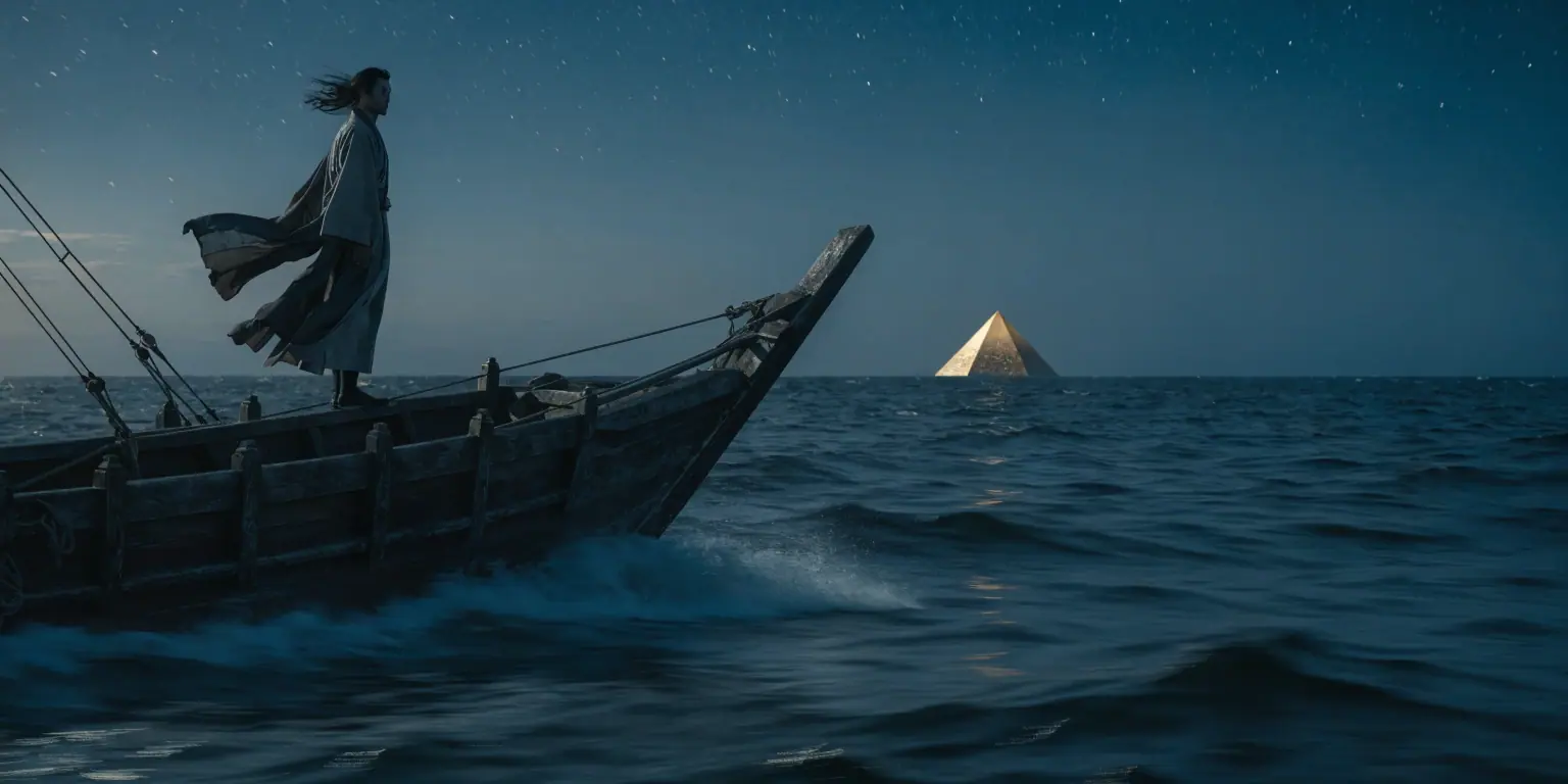 A ronin on a moving ship with a golden pyramid structure visible on the horizon - representing clarity in motion powering growth