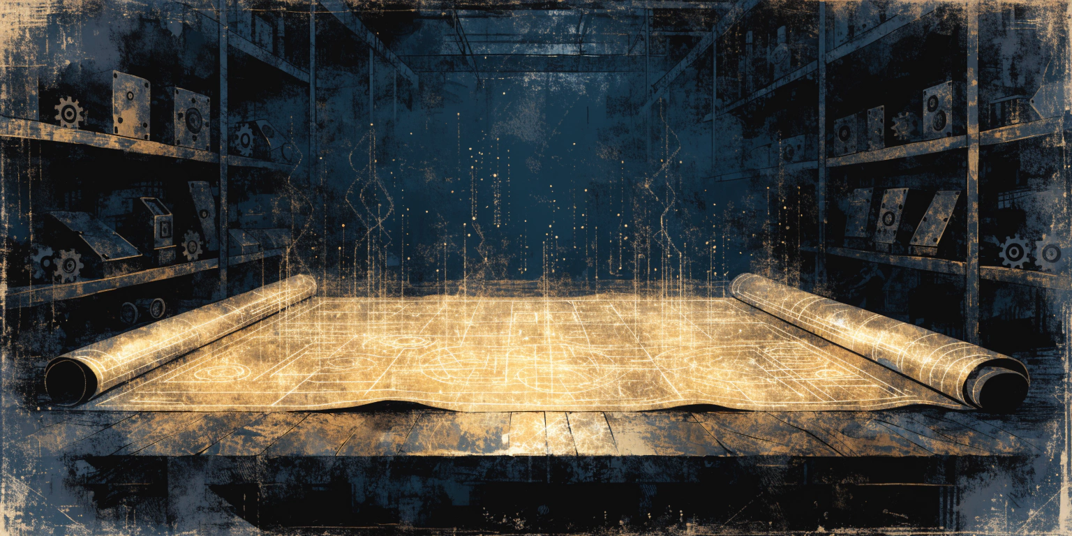 A glowing golden blueprint unrolled across a workbench in a dark workshop - clarity as the specification every marketing part depends on