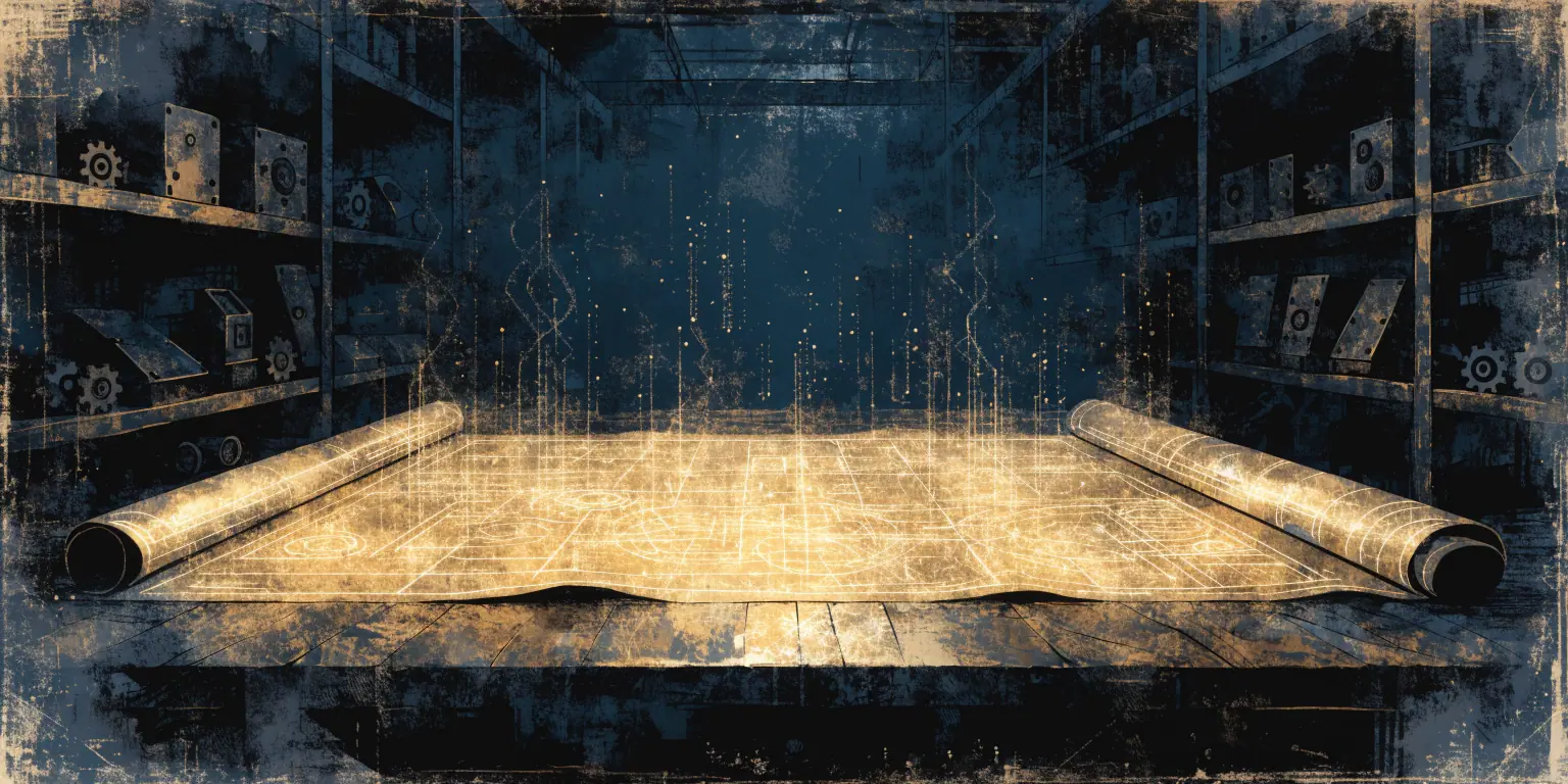 A glowing golden blueprint unrolled across a workbench in a dark workshop - clarity as the specification every marketing part depends on