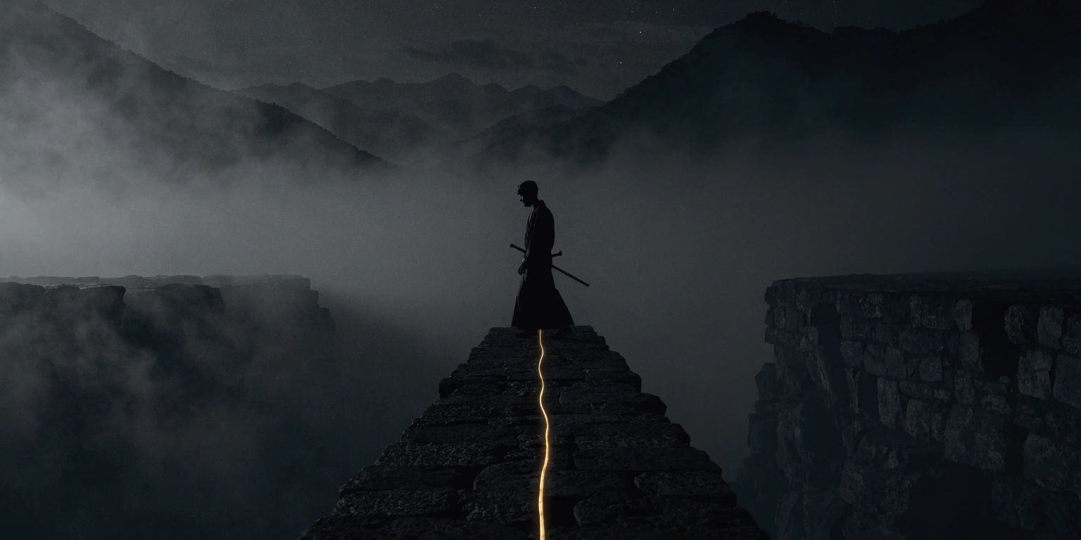 A ronin crossing a dark stone bridge with a golden thread running its center over a chasm - representing the connection between purpose and growth