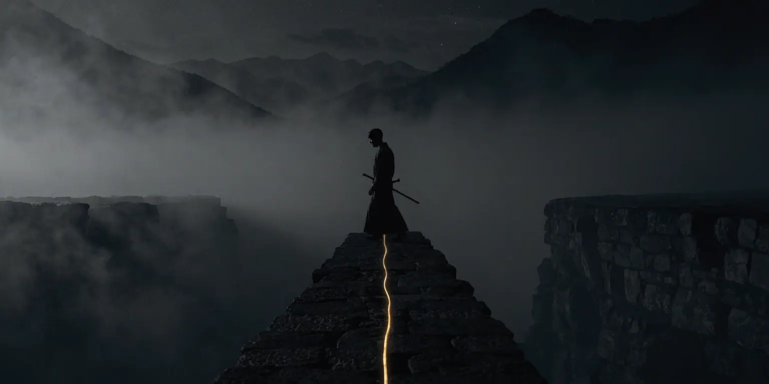 A ronin crossing a dark stone bridge with a golden thread running its center over a chasm - representing the connection between purpose and growth