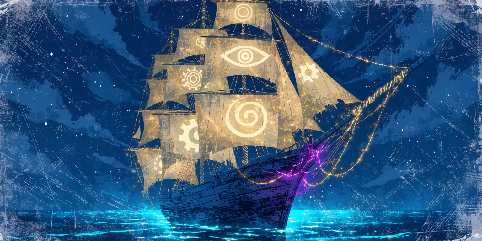 A ronin harnessing three golden wind forces that fill separate sails on a dark ship - representing the three forces of predictable growth