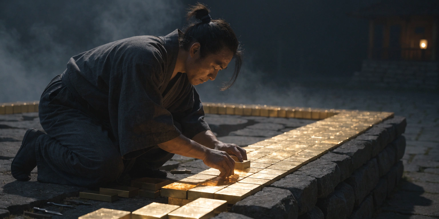 consistency-in-action-building-foundation-success A ronin laying golden bricks in a precise pattern on a dark foundation - representing consistency building success