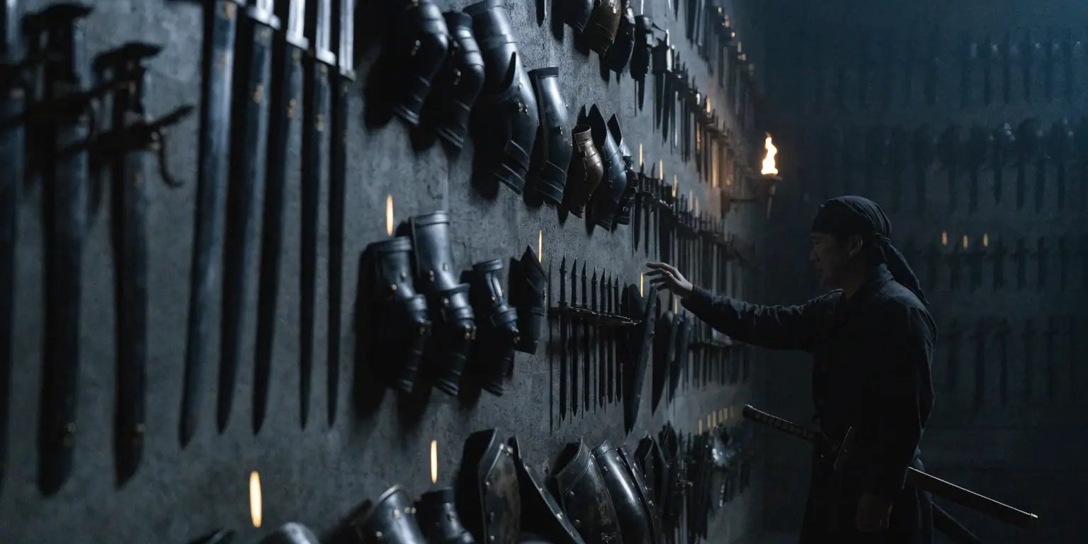 A ronin in an armory checking golden-marked equipment items on a stone inventory wall - representing essential website elements