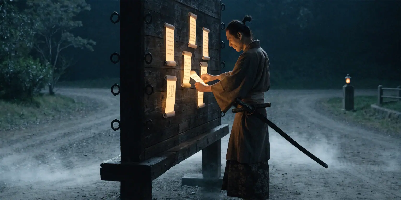 A ronin pinning golden scrolls to a dark message board at a crossroads - representing content marketing strategies