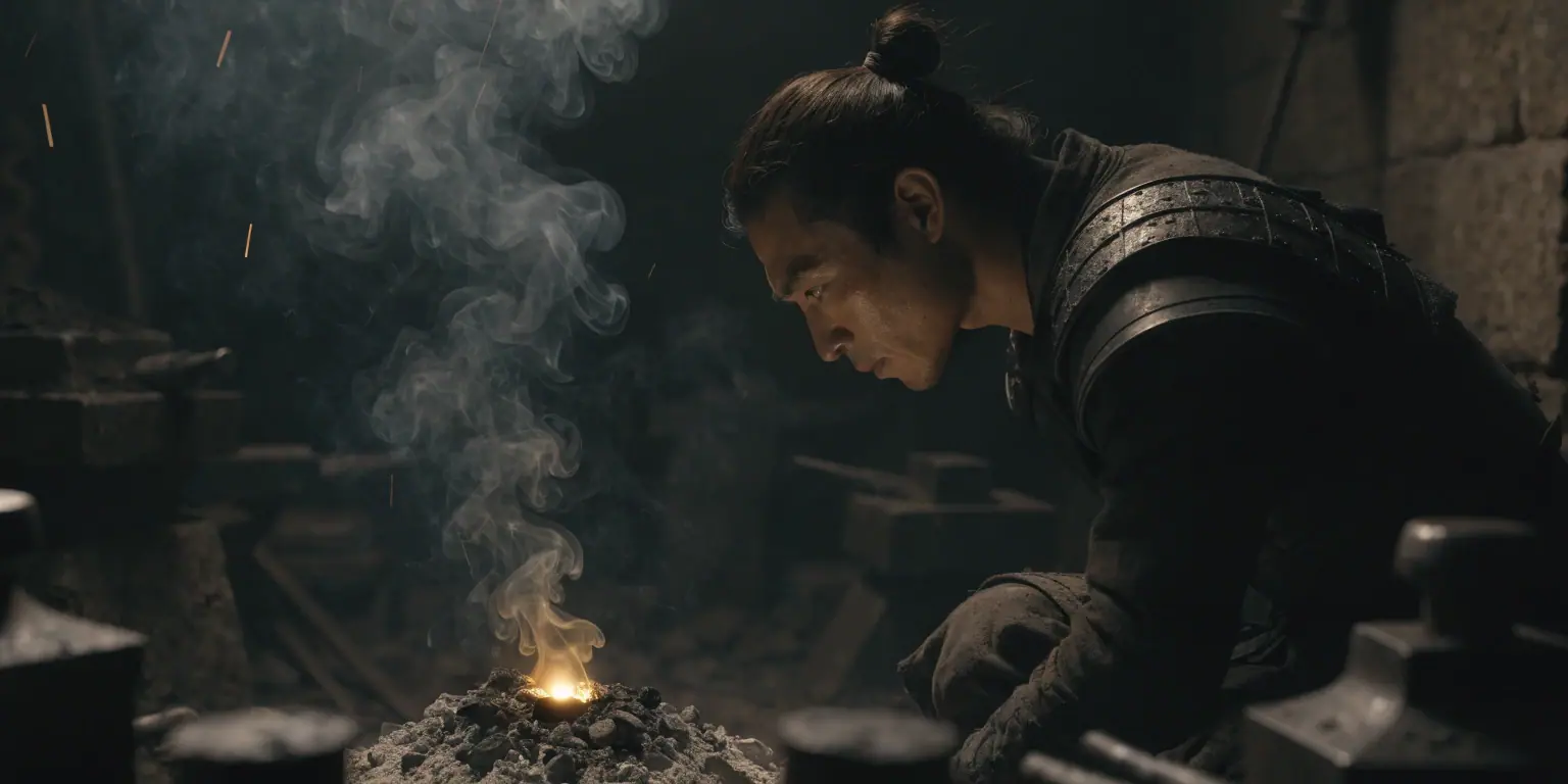 A ronin kneeling before a glowing golden ember in a dark forge - representing the core question of how a business helps