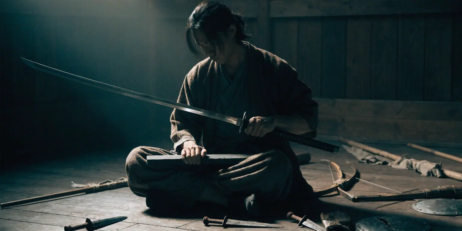 A ronin sharpening a single katana while discarded weapons surround him - representing focus on core competencies for strategic success