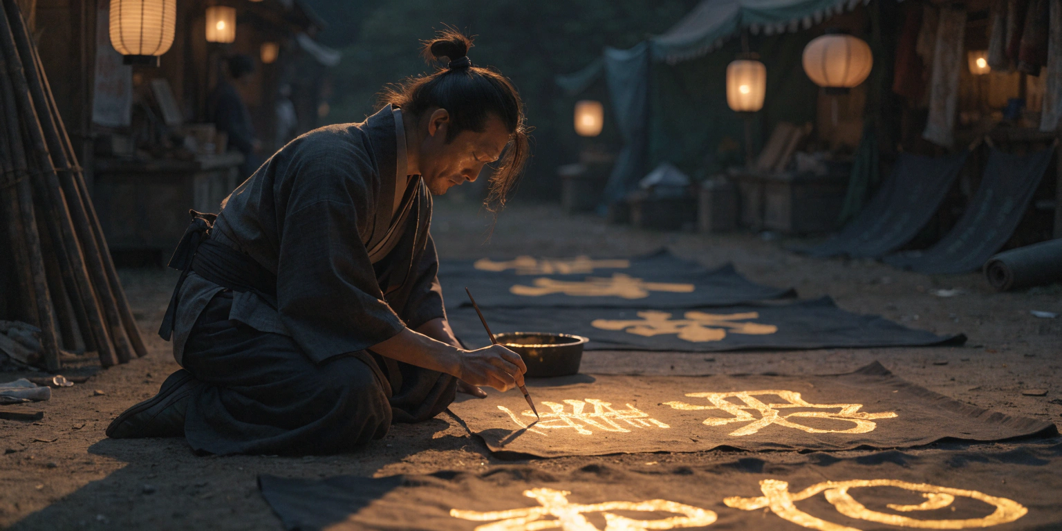 A ronin writing golden text on dark banners tailored for a local market - representing crafting compelling local content