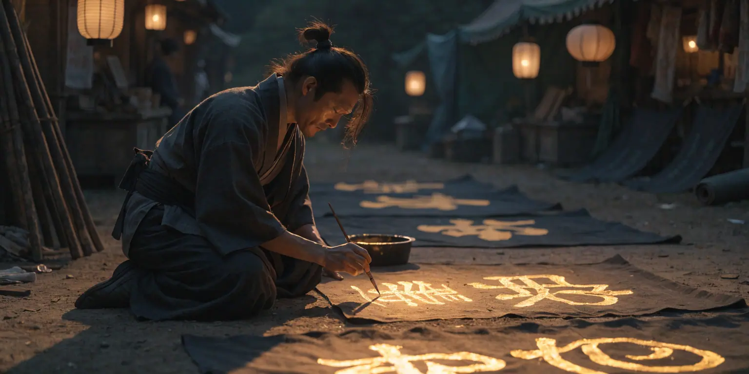 A ronin writing golden text on dark banners tailored for a local market - representing crafting compelling local content