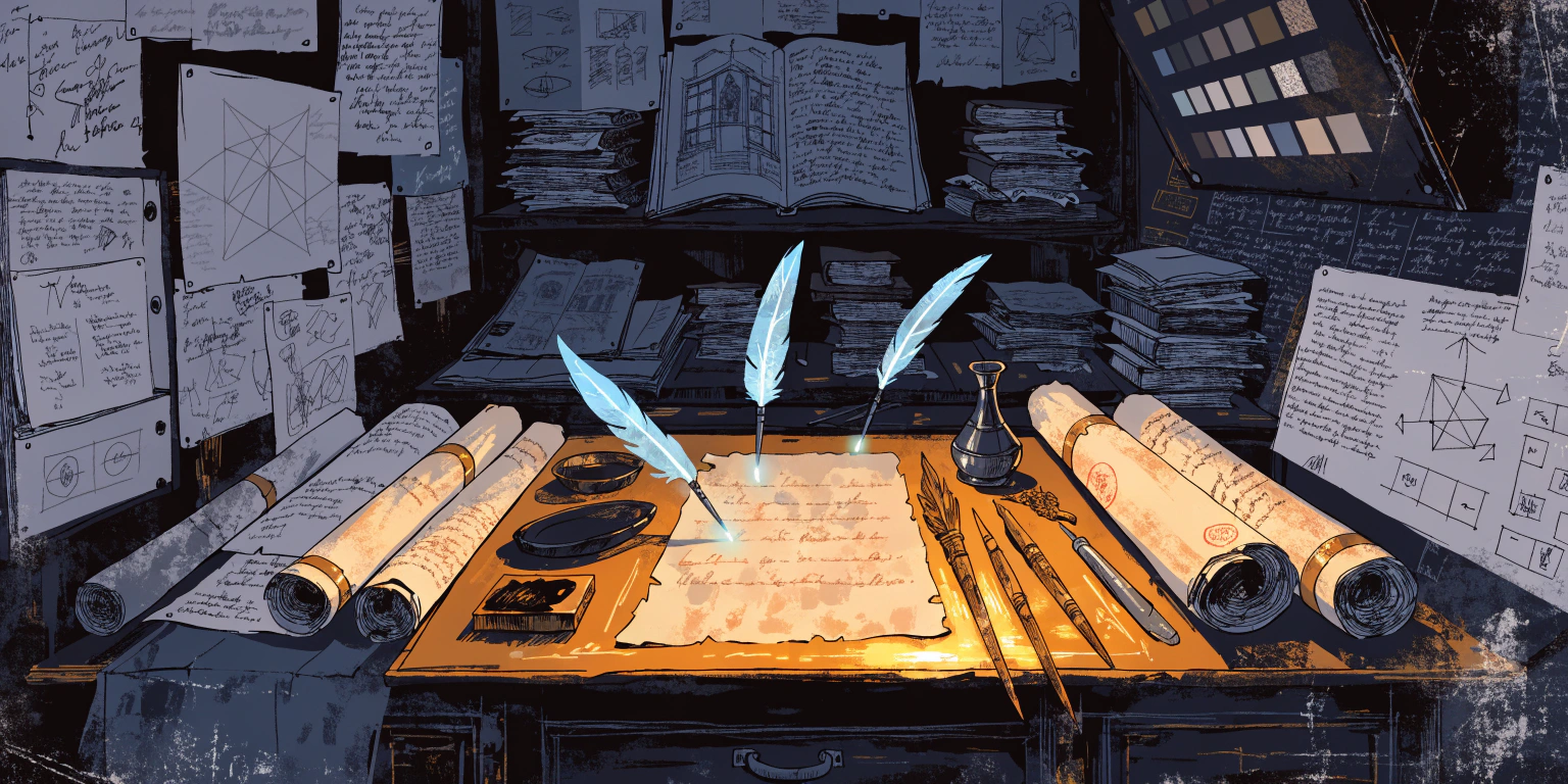 A ronin at a golden calligraphy desk crafting precise brushstrokes on dark paper - representing crafting content that converts