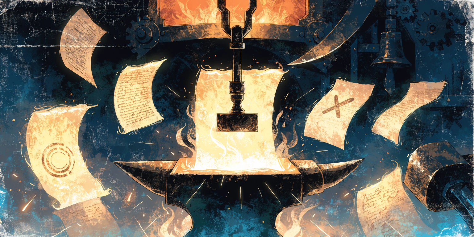 A ronin at a dark forge tempering golden pages in fire - representing creating high-quality website content