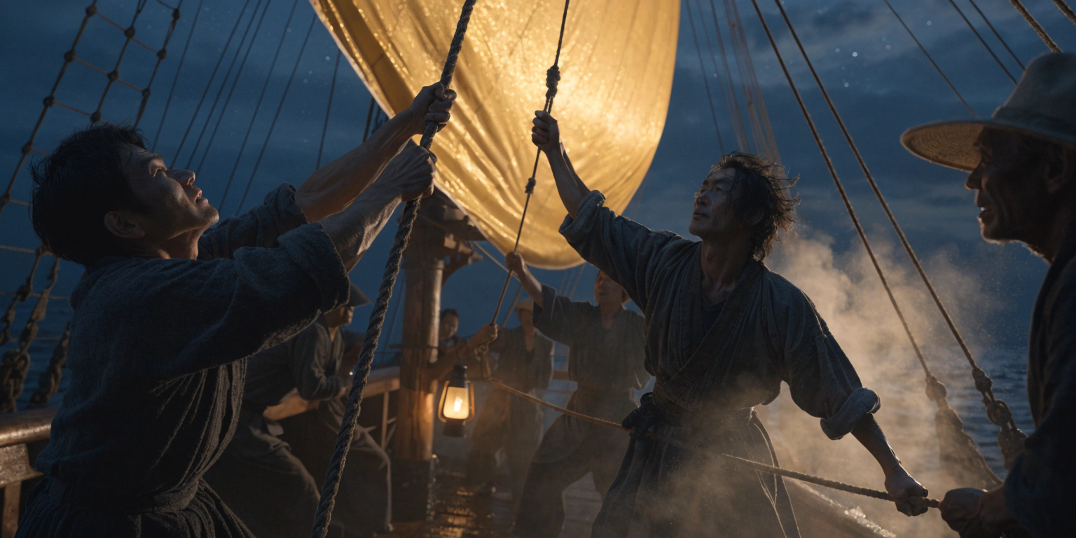 A ronin captain with a loyal crew raising golden sails together - representing culture powering the engine of visibility