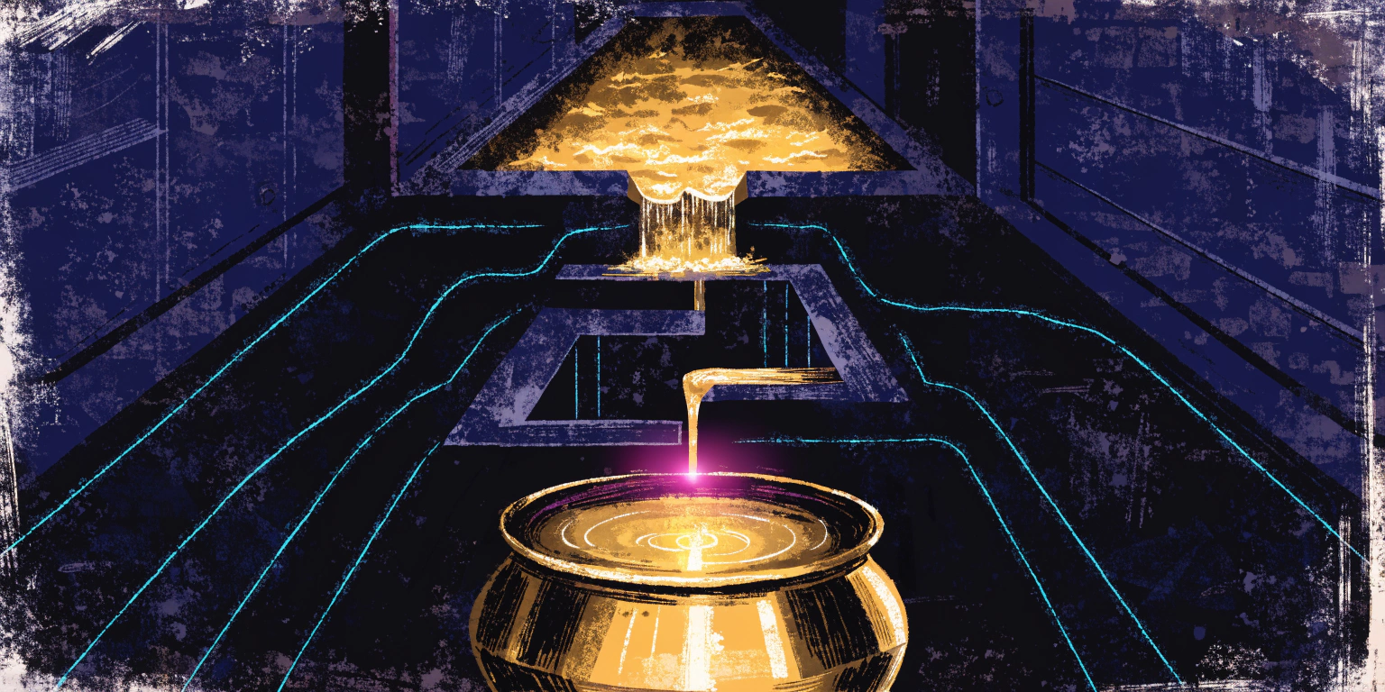 A ronin guiding golden water through a series of dark channels into a collection vessel - representing building conversion funnels