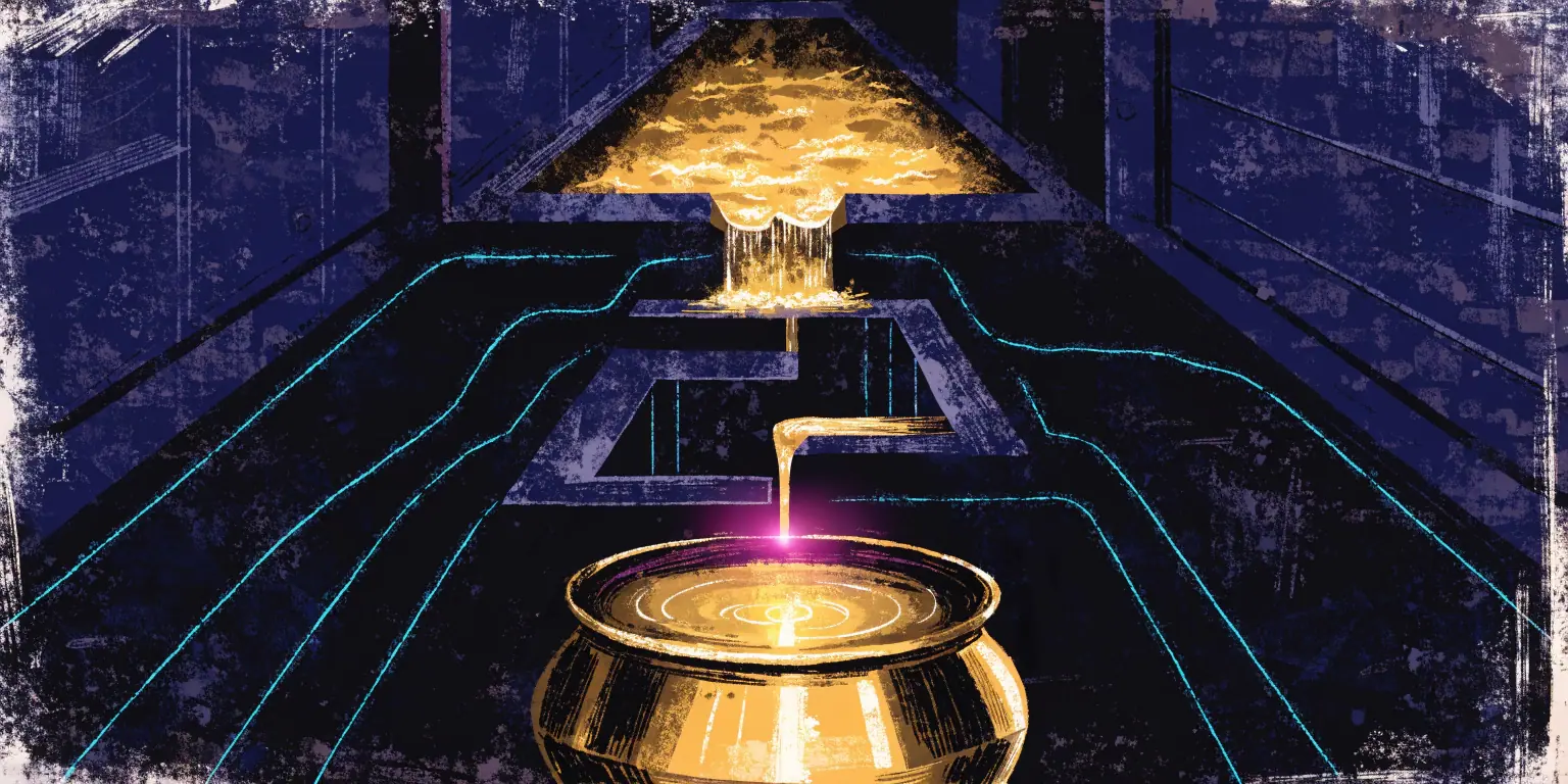 A ronin guiding golden water through a series of dark channels into a collection vessel - representing building conversion funnels