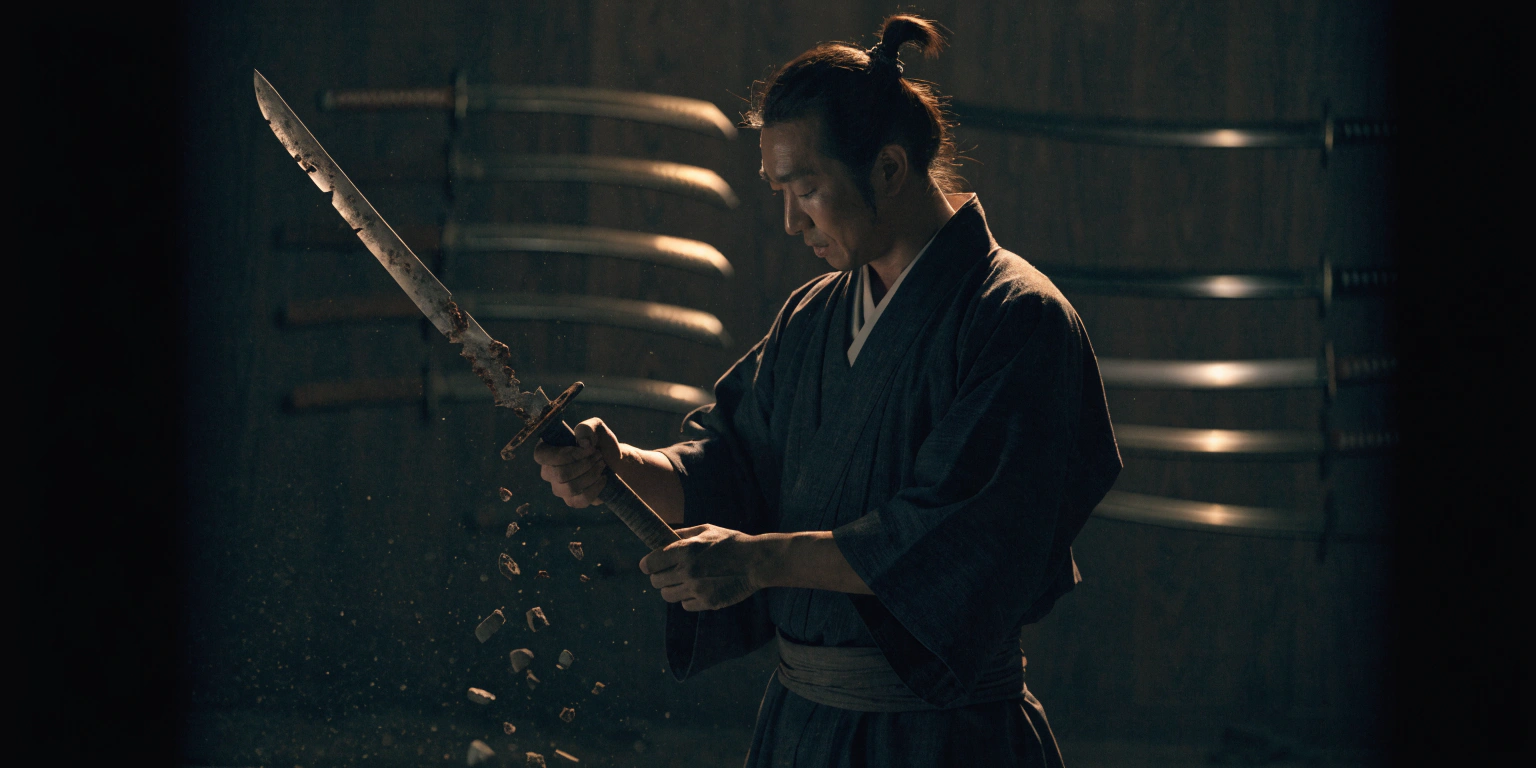 dangers-affordable-cheap-websites-business-risk A ronin examining a crumbling cheap sword that breaks in his hands while golden quality blades hang nearby - representing the dangers of cheap websites