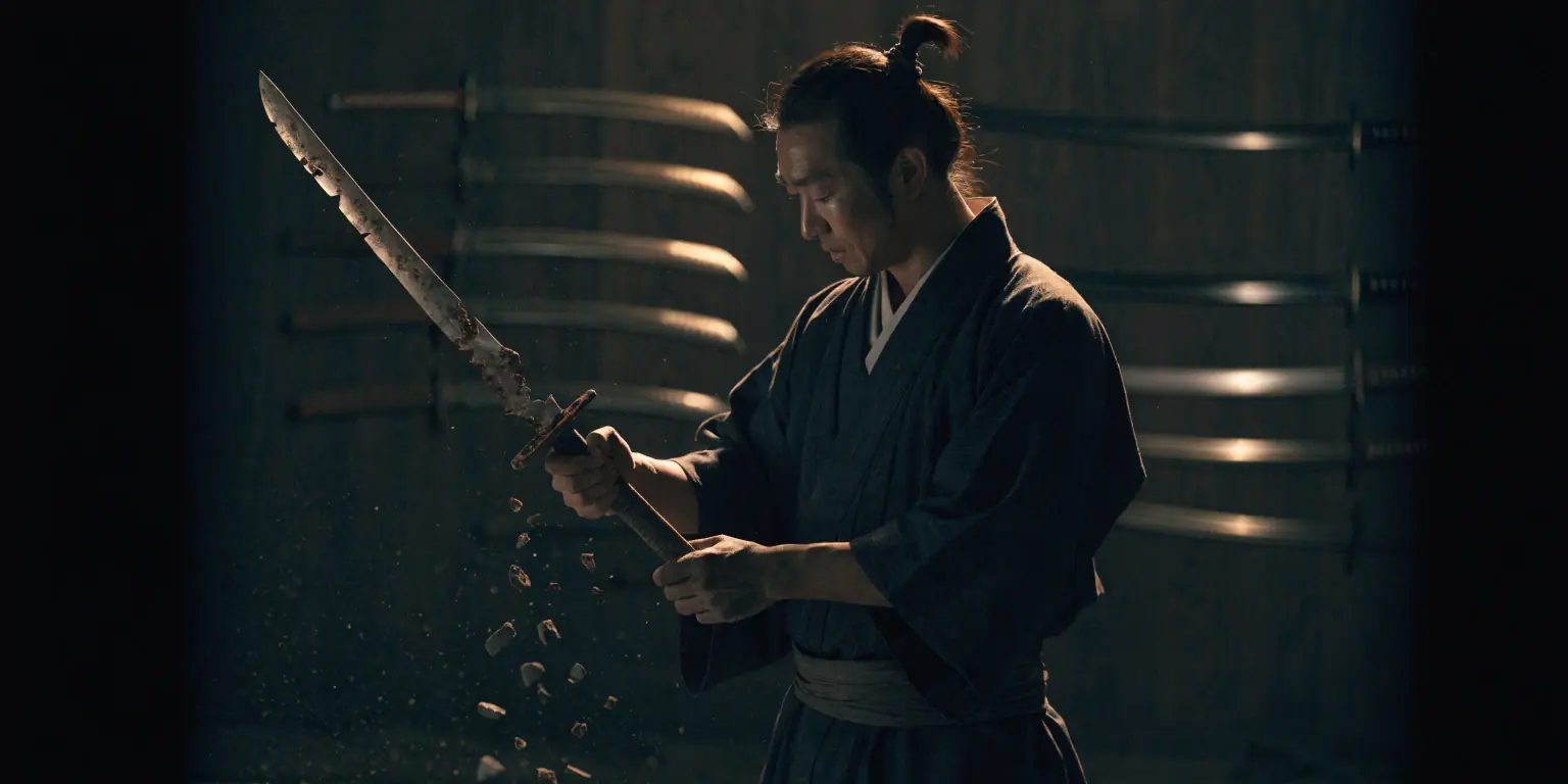 A ronin examining a crumbling cheap sword that breaks in his hands while golden quality blades hang nearby - representing the dangers of cheap websites