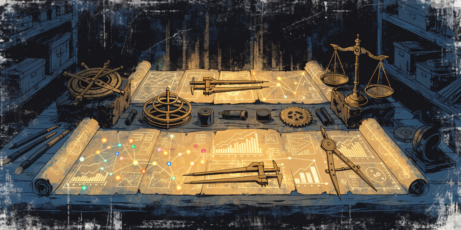 A ronin surrounded by golden data scrolls and measurement tools in a dark study - representing data-driven growth tools
