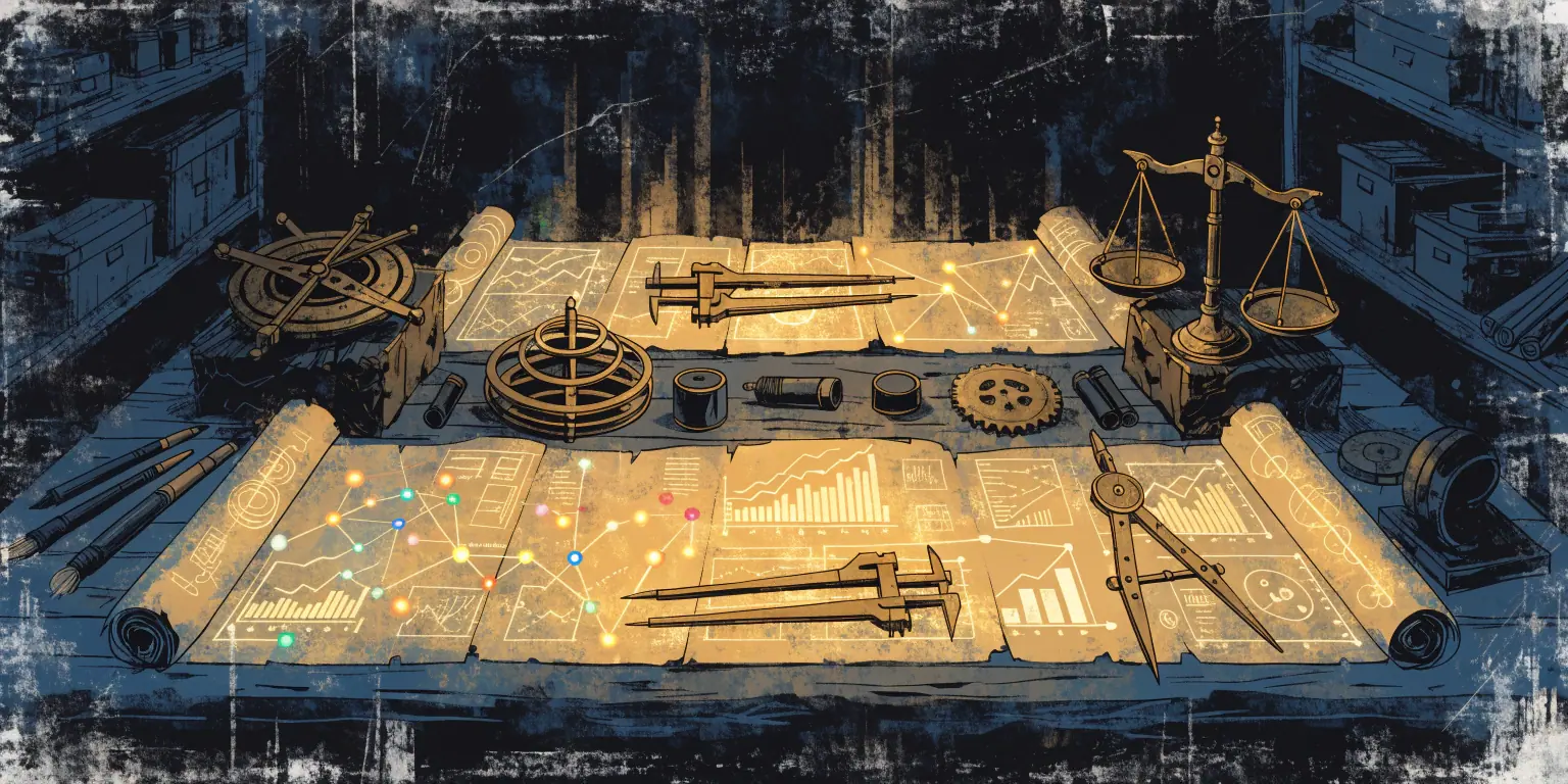 A ronin surrounded by golden data scrolls and measurement tools in a dark study - representing data-driven growth tools