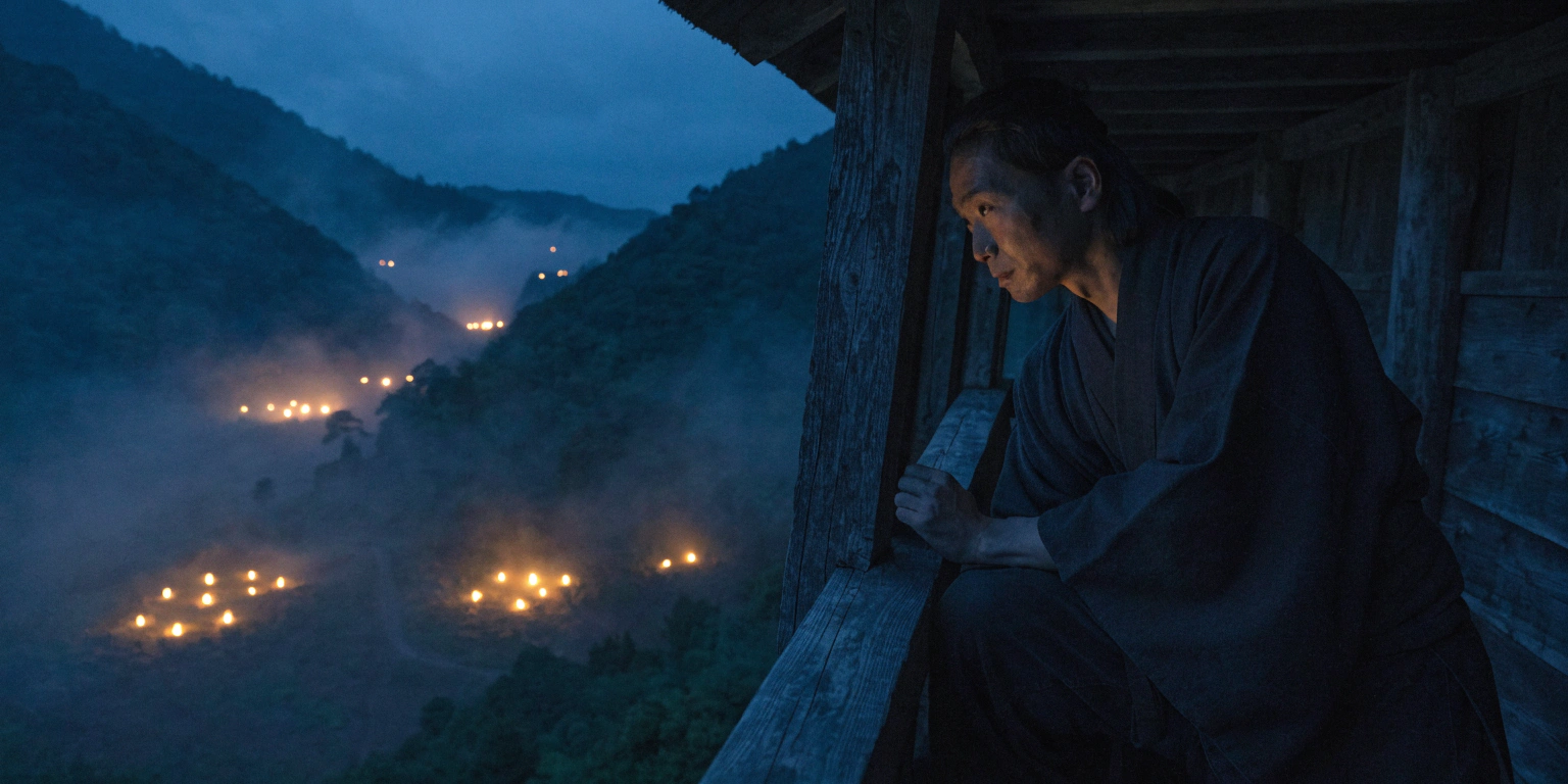 defining-target-audience-who-do-we-help A ronin in a watchtower studying golden signal fires in a dark landscape - representing the strategic definition of a target audience