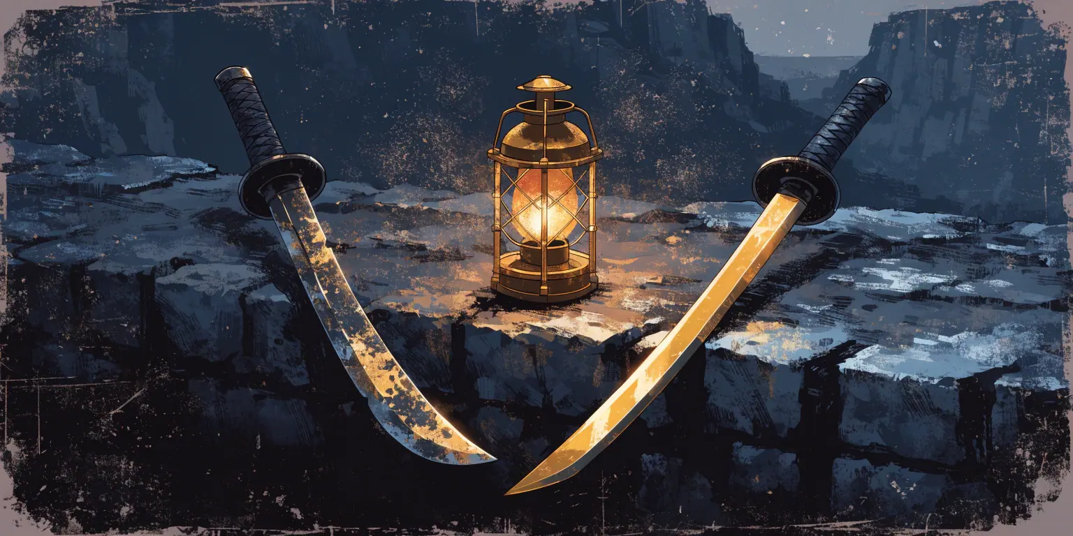 A ronin examining two swords - one rough and one golden-finished - representing the difference between DIY and professional work