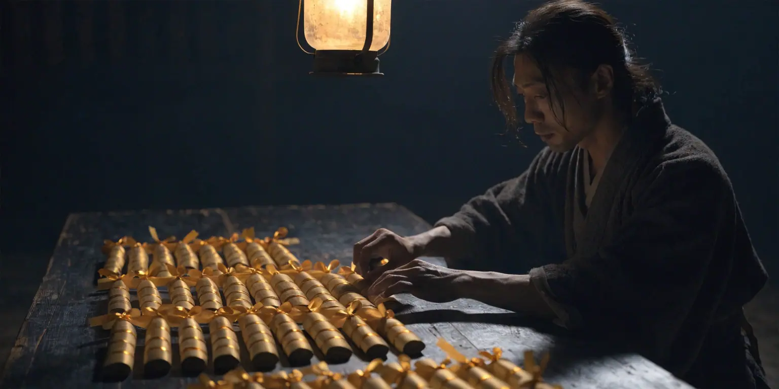 A ronin at a dark dispatch table organizing golden message scrolls into campaign formations - representing email marketing campaigns