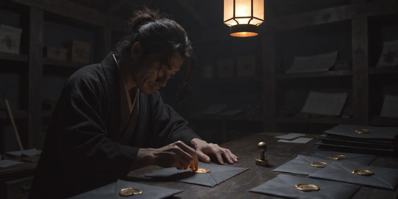 A ronin preparing golden sealed letters for local delivery in a dark dispatch room - representing local email marketing