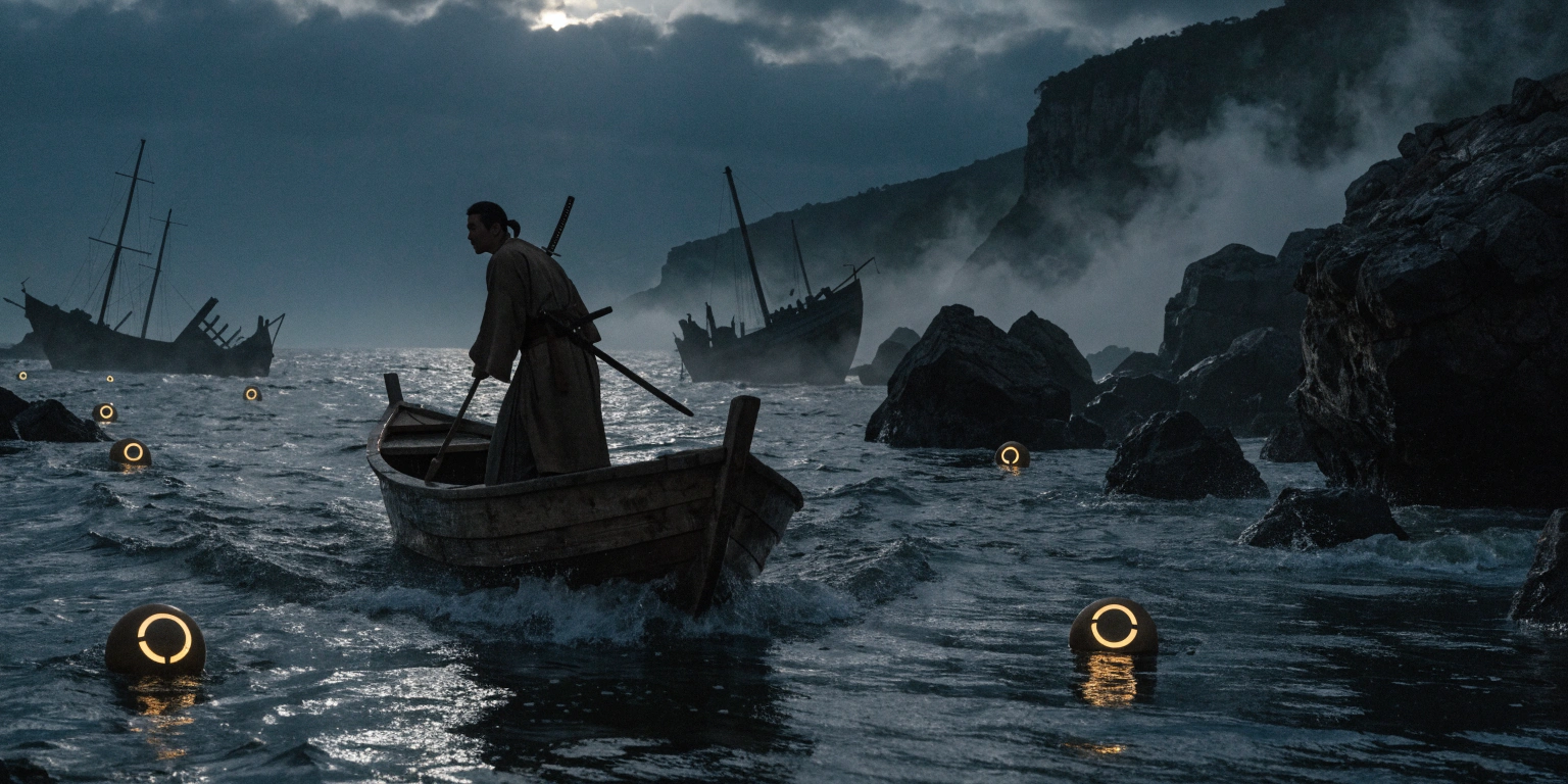 A ronin navigating a dark coastline past golden-marked hazard buoys and shipwrecks - representing common pitfalls in growth visibility