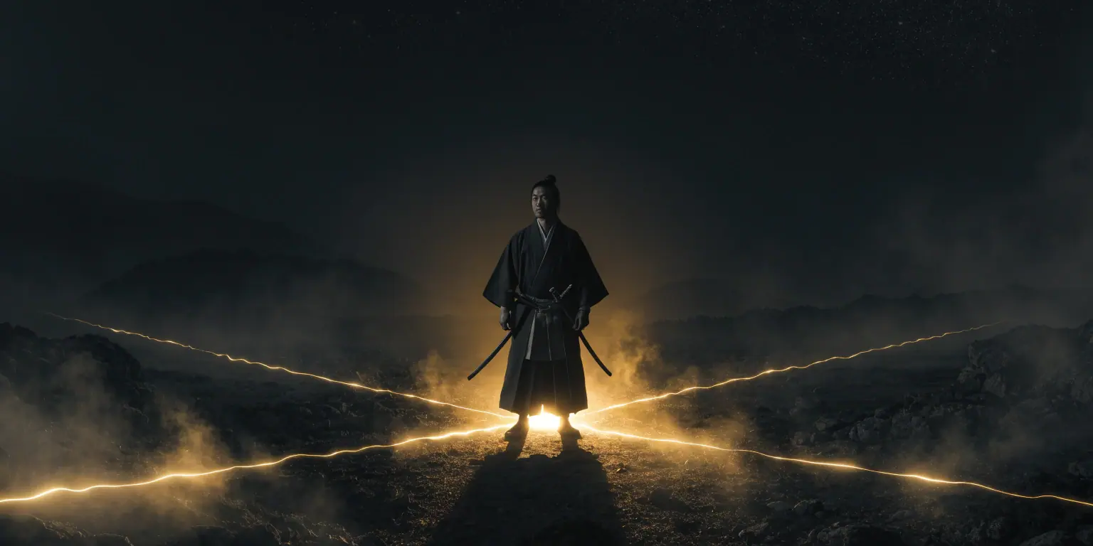 A ronin at the intersection of a golden crossroads where clarity and growth paths merge - representing strategic clarity meeting growth