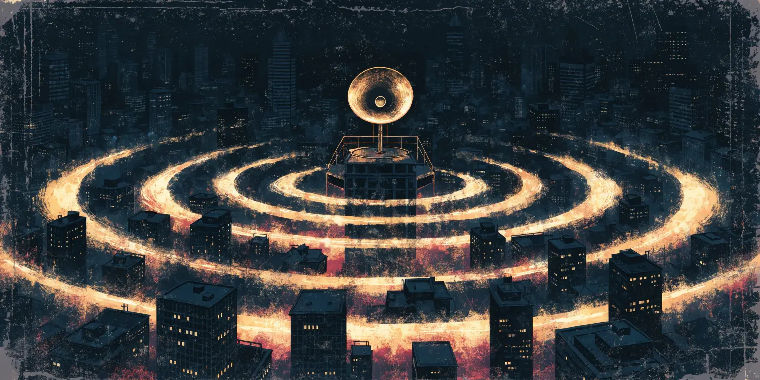 A ronin shouting from a dark rooftop with golden sound waves radiating outward - representing entrepreneurs speaking up for visibility