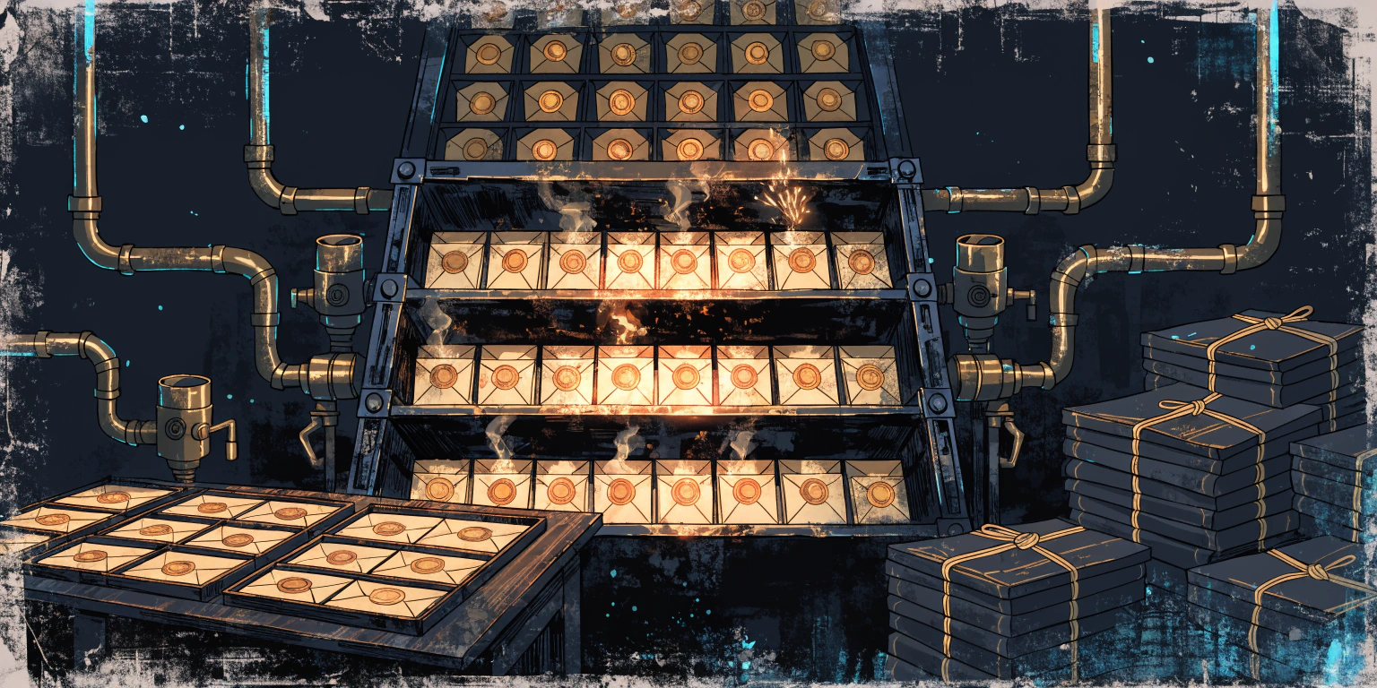 A ronin preparing golden sealed messages at a dark dispatch station - representing essential email communication tools